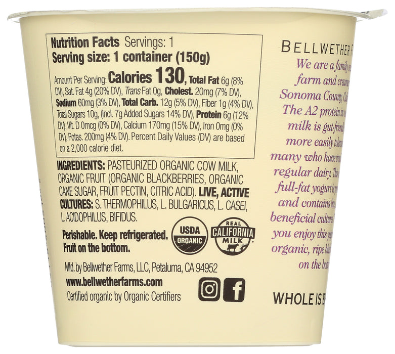 A2 Whole Milk Yogurt, Blackberry, Org, 5.3 oz