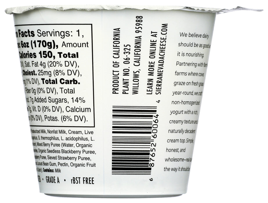 Whole Milk Yogurt, Grass Fed, Mixed Berry, 6 oz