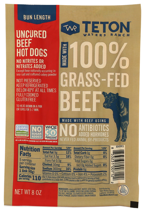 Uncured Beef Hot Dogs, NSA Grassfed ABF, 8 oz