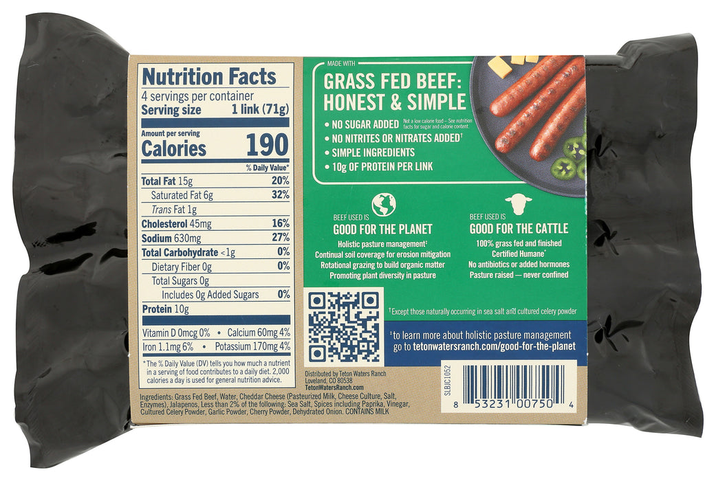 Jalapeno Cheddar Bratwurst Sausage, Grassfed NSA ABF, 10 oz