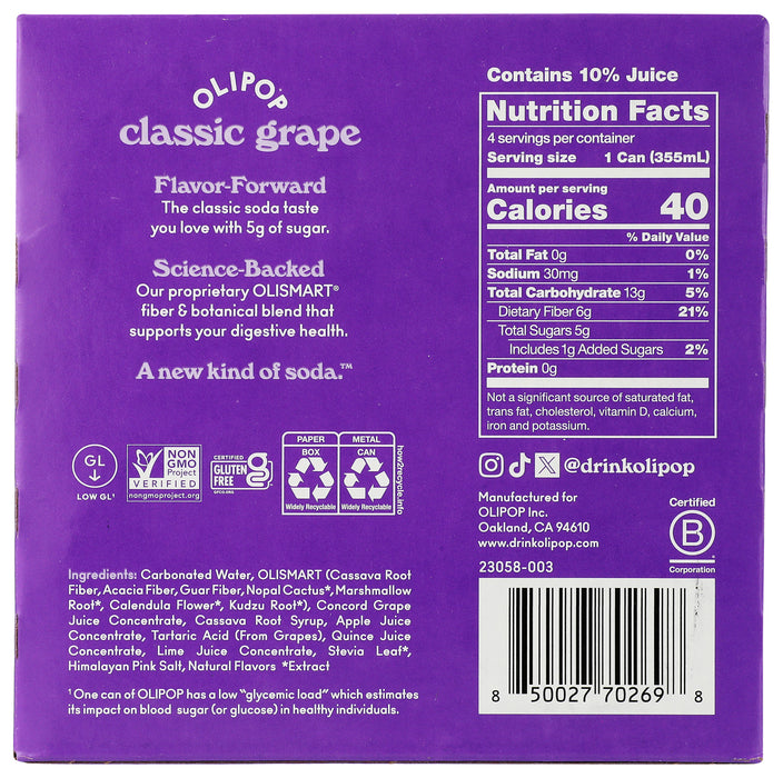 Classic Grape Prebiotic Soda 4 pack, 48 fl oz
