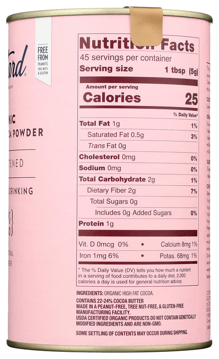 Natural Cocoa Powder 100%, Unsweetened, Org, 10 oz