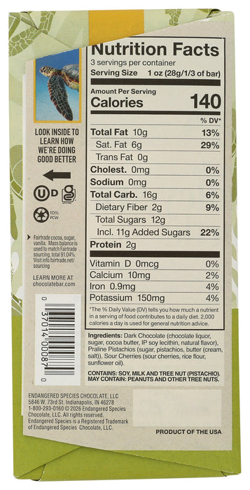 Pistachio and Cherry Dark Chocolate Bar 60%, 3 oz
