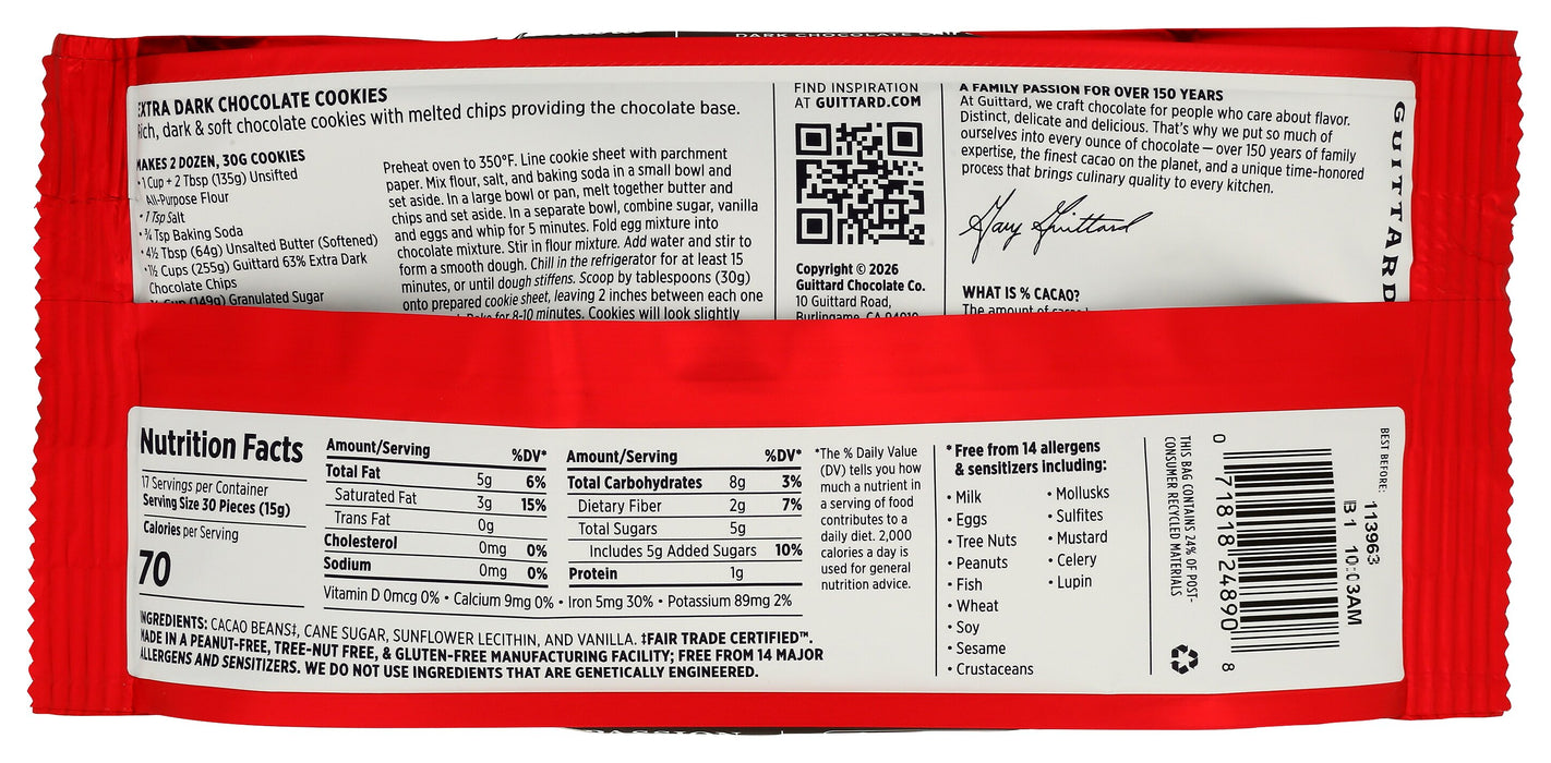 Extra Dark Chocolate Chips 63% Cacao, FT, 9 oz