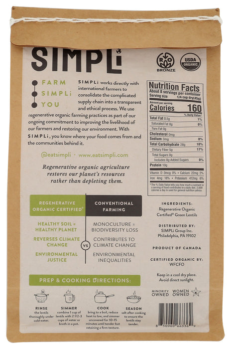 Green Lentils, Reg Org, 12 oz