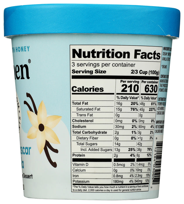 DF Frozen Dessert Sweetened w/ Honey, Madagascar Vanilla, DF, 16 oz