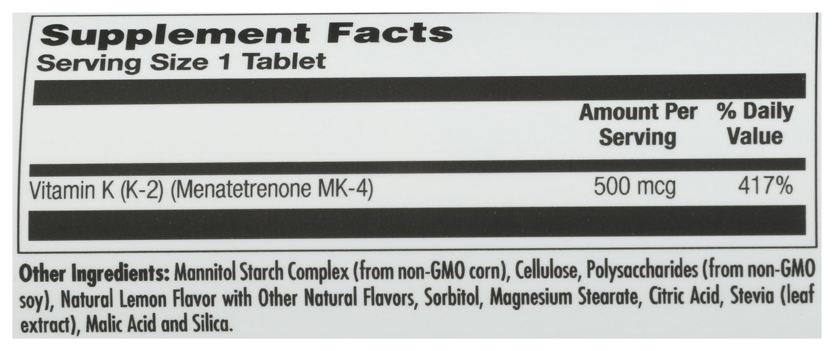 K-2, 500mcg, 100 mic tab