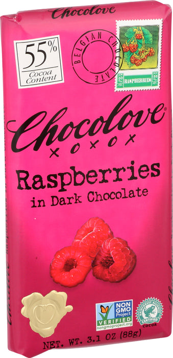 Raspberries Dark Chocolate Bar 55% Cocoa, 3.2 oz