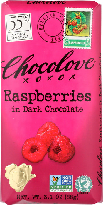 Raspberries Dark Chocolate Bar 55% Cocoa, 3.2 oz