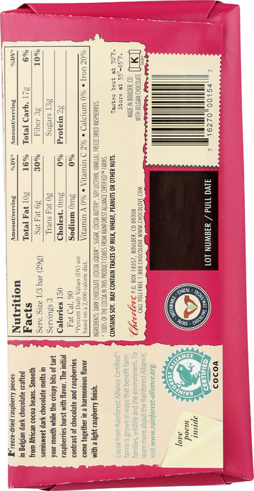 Raspberries Dark Chocolate Bar 55% Cocoa, 3.2 oz