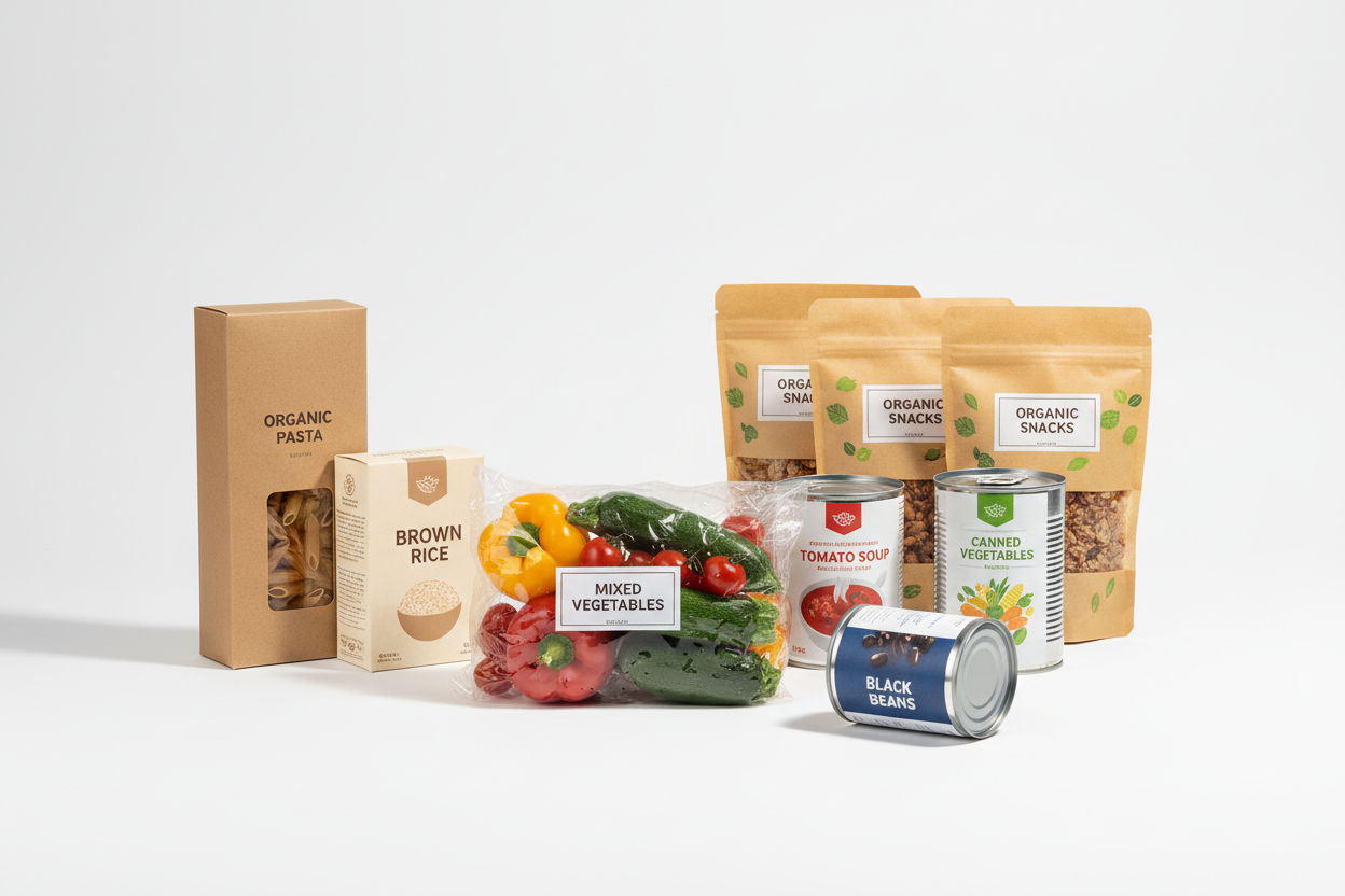 Packaged food like plastic wrap, box, can, eco-friendly displayed on a clean white background, professional studio lighting, sharp focus, and modern design without any brand name instead show food name